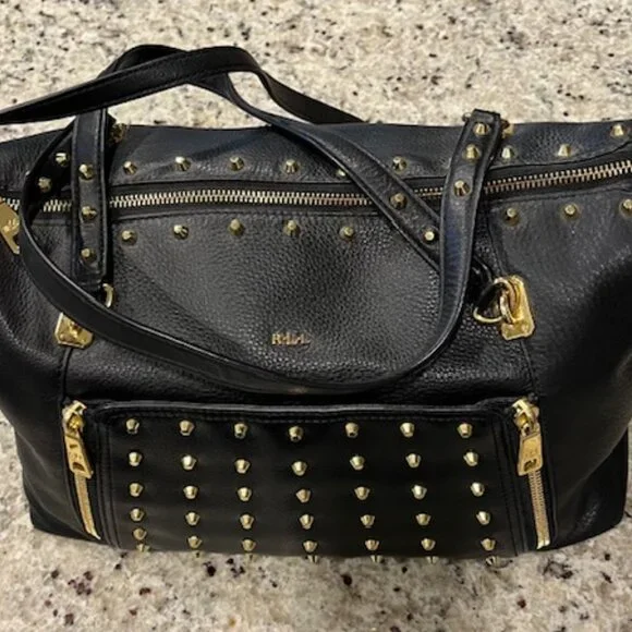 Vintage Ralph Lauren Black Pebbled Leather Gold Studded Stachel Bag - Picture 2 of 16